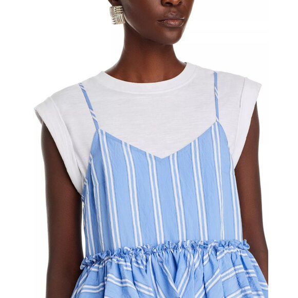 Cinq A Sept Samantha Seersucker Layered Top Stripe Oxford Blue/White SZ S NEW - Picture 5 of 7